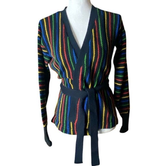 Genesis Womens Black Multicolor Stripe Knit Belted Cardigan Small - Picture 1 of 4